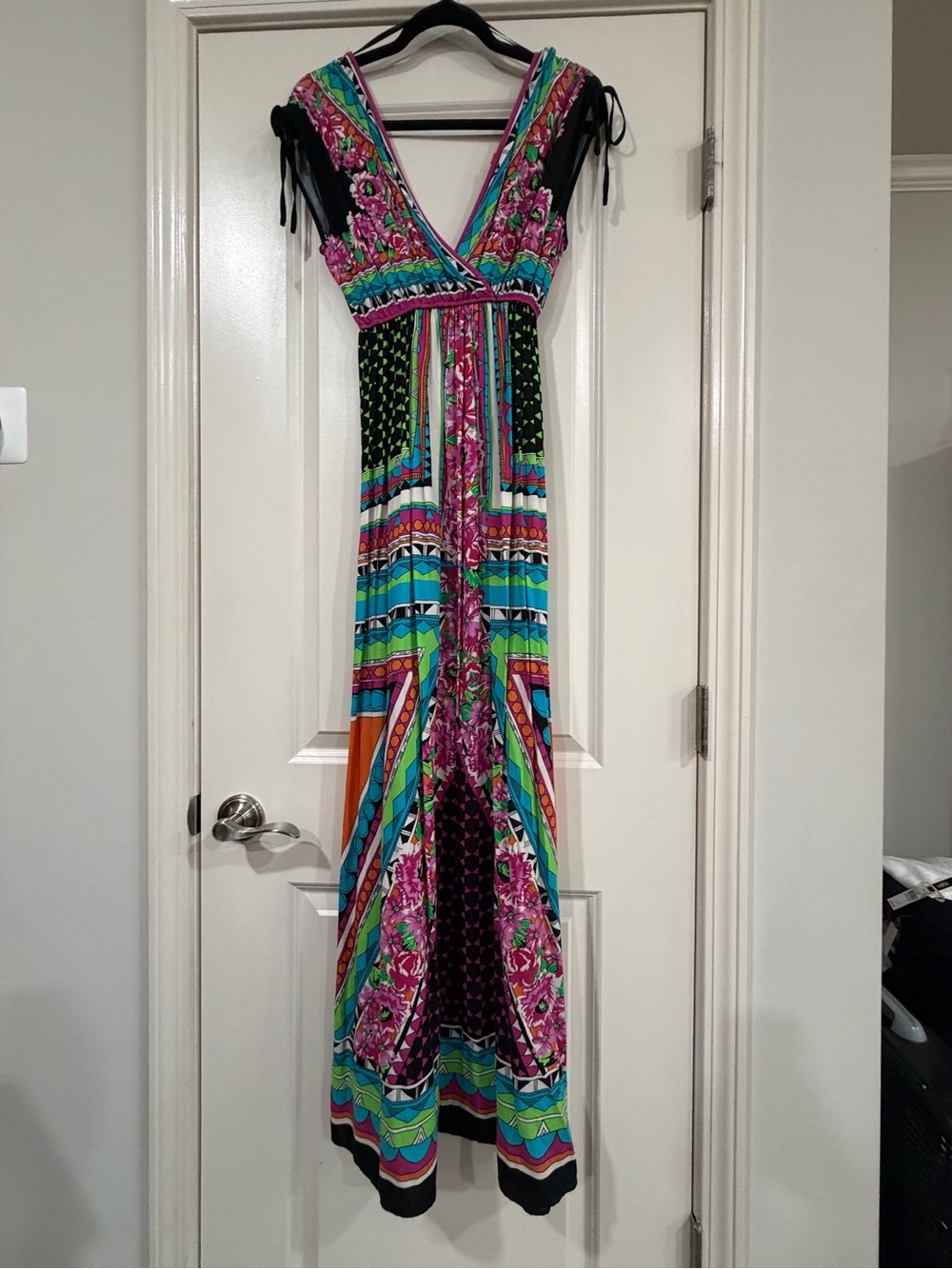 Peach Puff Multi-Color Floral V-Neck Maxi Dress with Tie Shoulders
